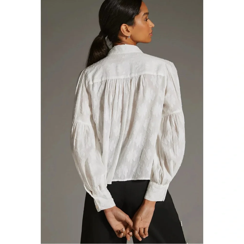 Anthropologie Forever That Girl Tie-Neck Long Sleeve Blouse in White & Black - Picture 2 of 11